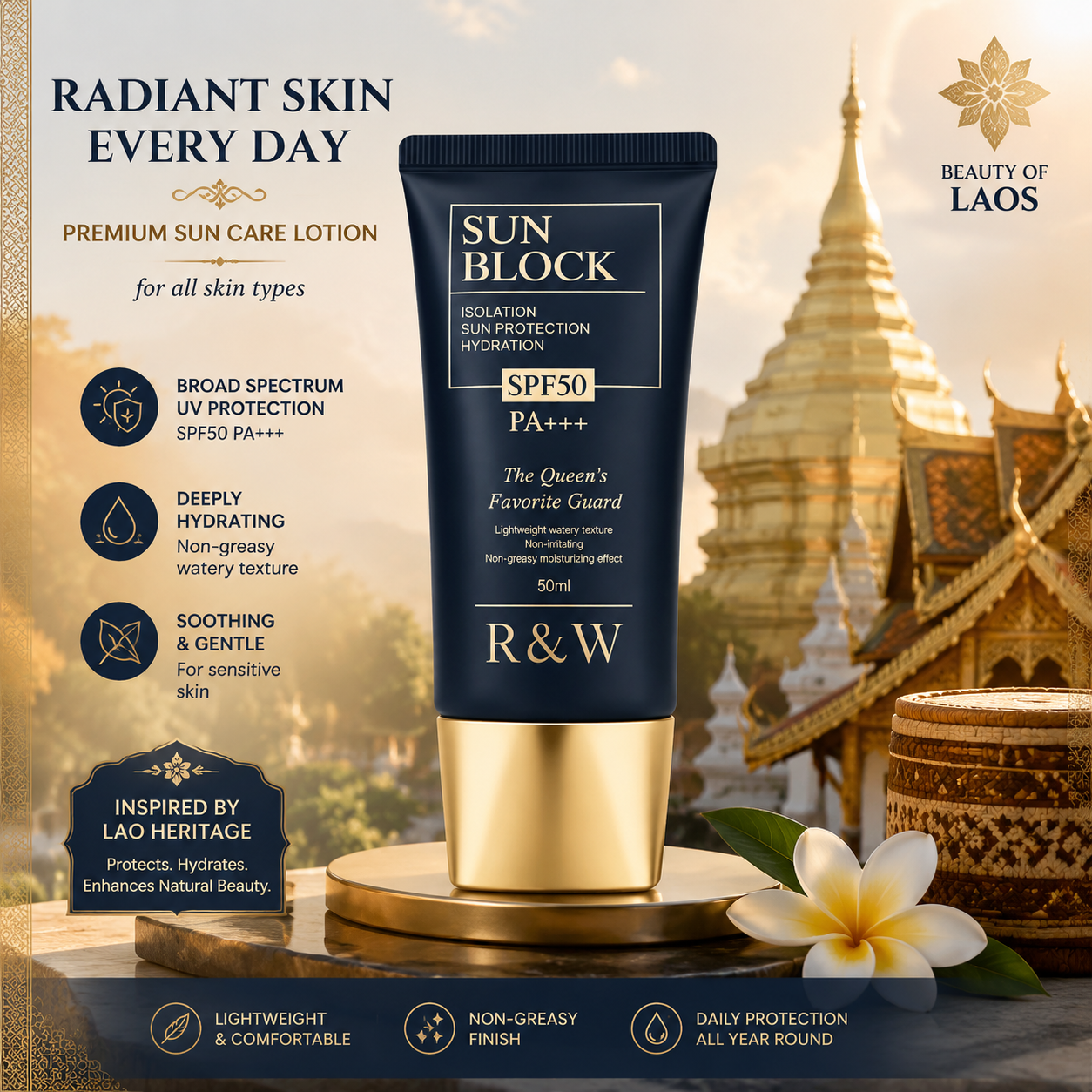 Meet the R&amp;W Sun Block SPF50 PA+++ — your daily defense against harmful UV rays.