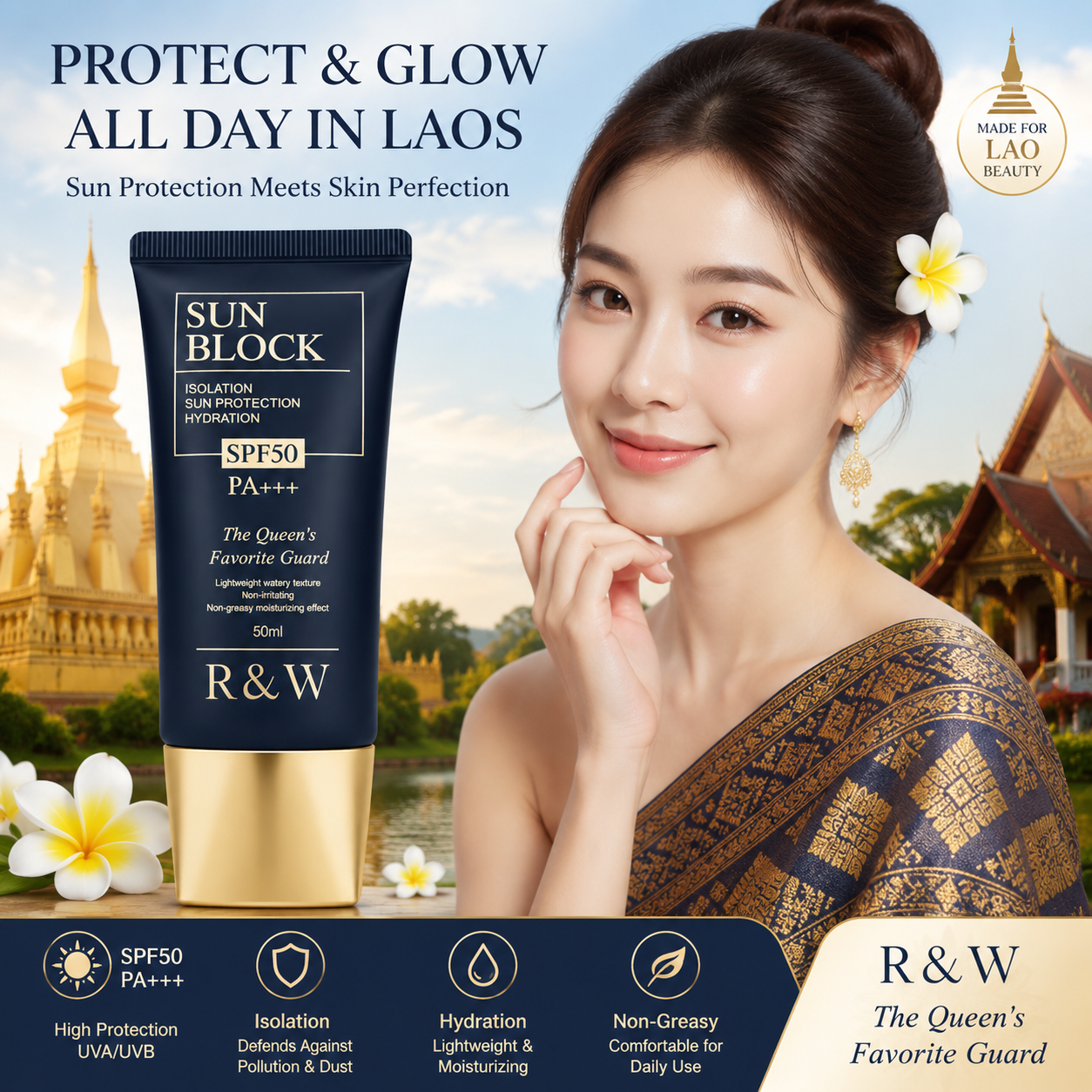 Meet the R&amp;W Sun Block SPF50 PA+++ — your daily defense against harmful UV rays.