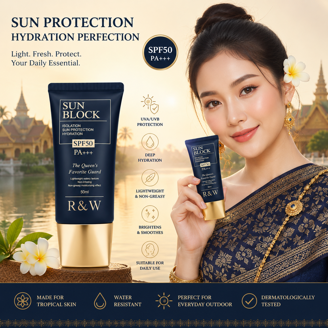 Meet the R&amp;W Sun Block SPF50 PA+++ — your daily defense against harmful UV rays.