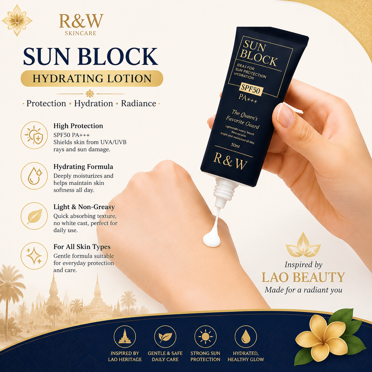Meet the R&amp;W Sun Block SPF50 PA+++ — your daily defense against harmful UV rays.