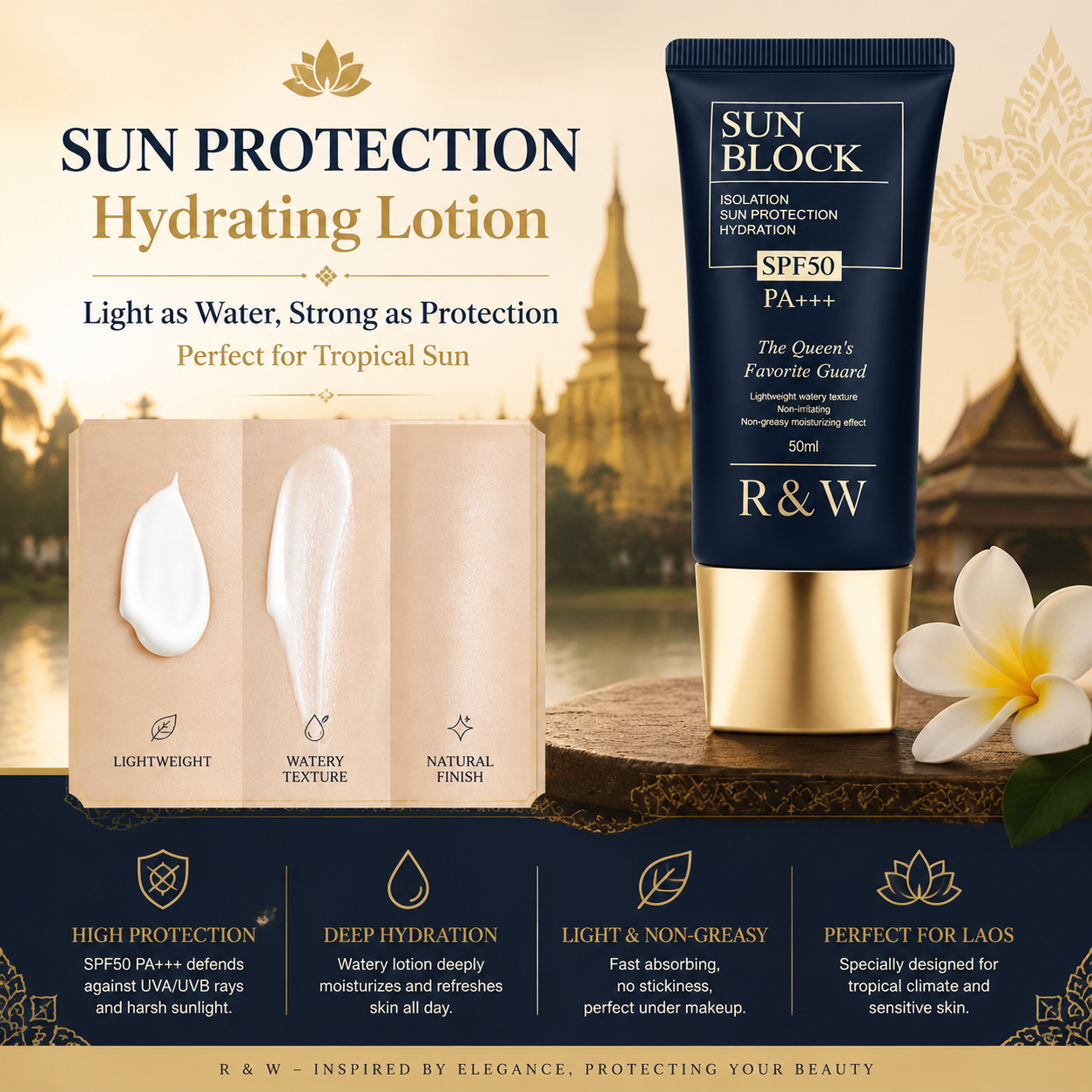 Meet the R&amp;W Sun Block SPF50 PA+++ — your daily defense against harmful UV rays.